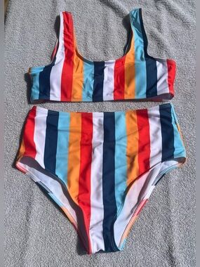 SHEIN Red Orange Yellow Blue Multi-Stripe High-Waist Bikini